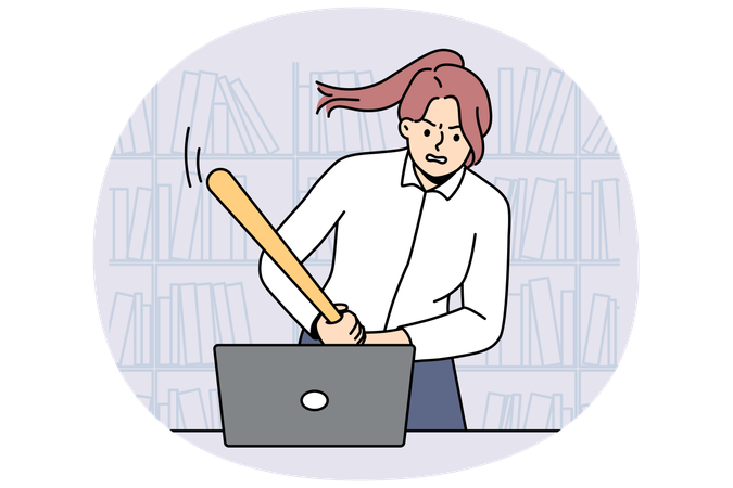 Furious businesswoman crash computer with bat  Illustration