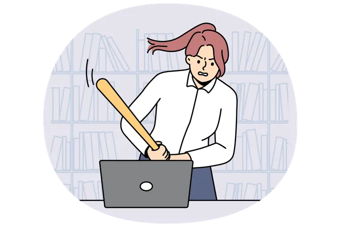 Furious businesswoman crash computer with bat  Illustration