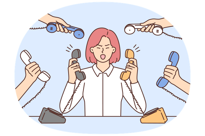多数の電話にイライラする激怒したビジネスウーマン  イラスト
