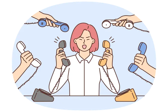 Furious businesswoman irritated with numerous calls  Illustration