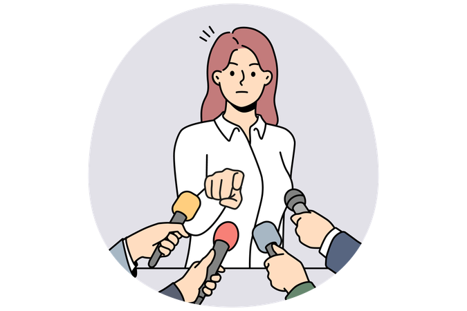 Furious businesswoman point at reporter at event  Illustration