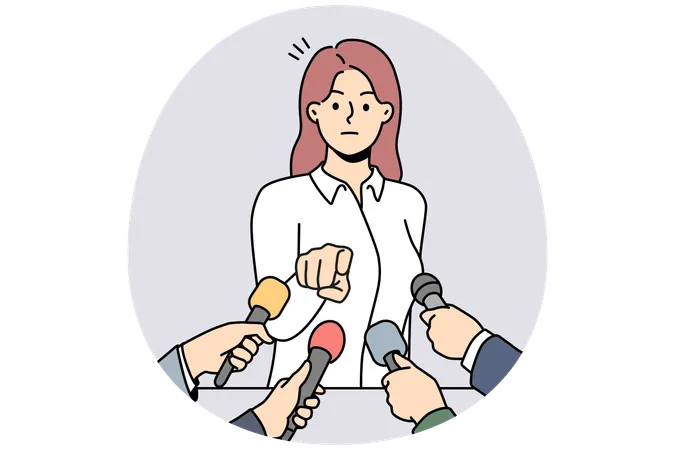 Furious businesswoman point at reporter at event  Illustration