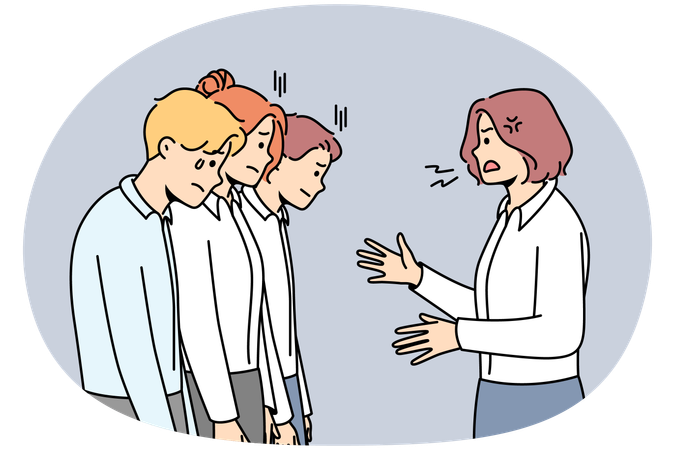 Furious businesswoman shout at stressed employees  Illustration