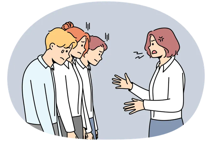 Furious businesswoman shout at stressed employees  Illustration