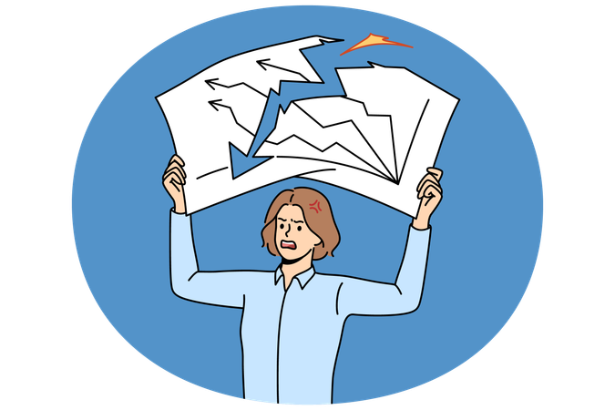 Furious businesswoman tear document with downturn chart  Illustration