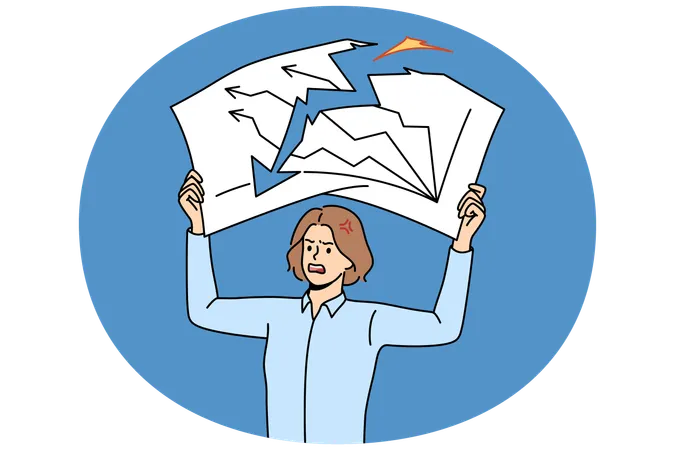 Furious businesswoman tear document with downturn chart  Illustration