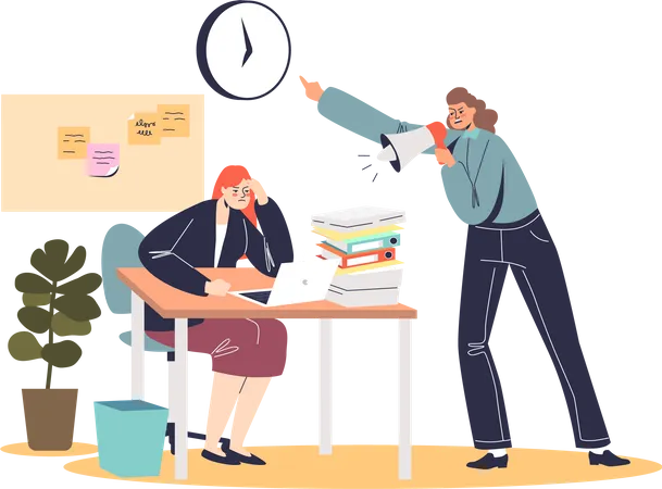 Furious lady boss screaming at stressed worker missing deadline with job task completeness Illustration