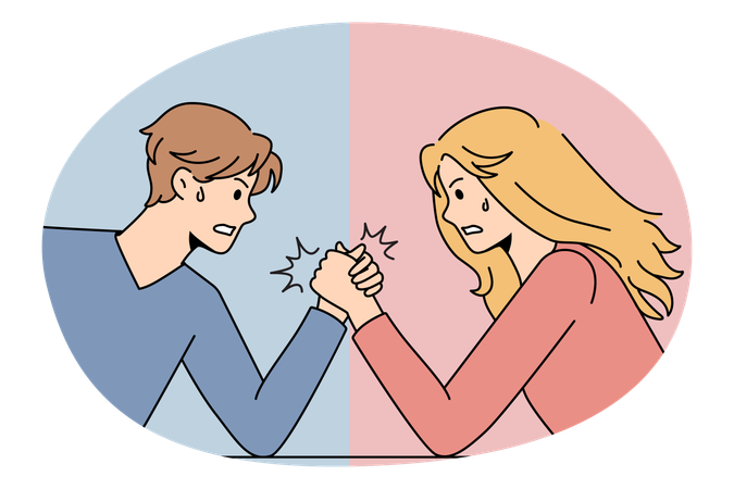 Furious Male and female competing in arm wrestling representing gender conflicts between each other  Illustration