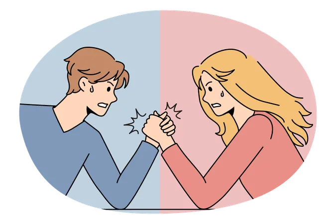 Furious Male and female competing in arm wrestling representing gender conflicts between each other  Illustration