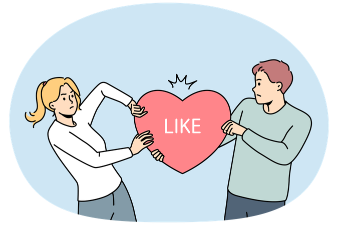 Furious male and female influencers tear heart symbol representing popularity on internet  Illustration
