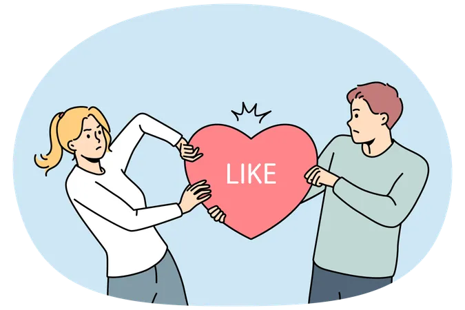 Furious male and female influencers tear heart symbol representing popularity on internet  Illustration