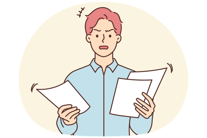 Furious man distressed with paperwork  Illustration