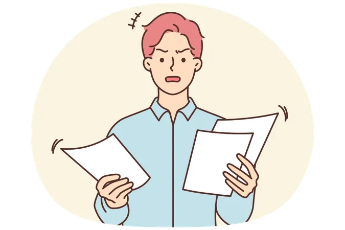 Furious man distressed with paperwork  Illustration