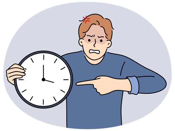 Furious man pointing at clock stressed with missed deadline  Illustration