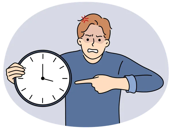 Furious man pointing at clock stressed with missed deadline  Illustration