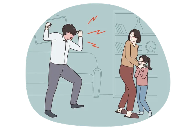 격노한 남자가 아내와 어린 아이에게 소리를 지른다  일러스트레이션