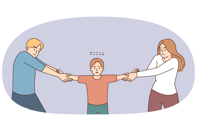 Furious parents tear unhappy boy share kid after separation  Illustration