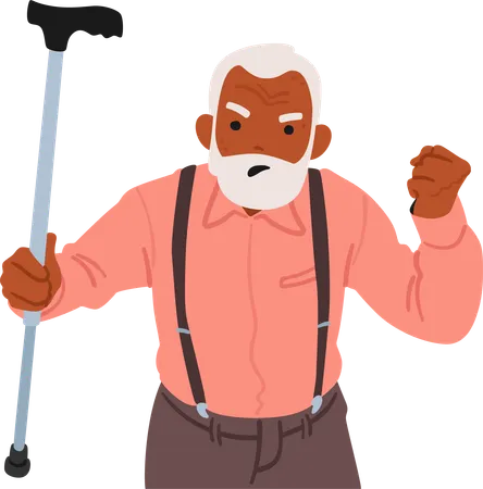 Furious Senior Man Waves His Cane Eyes Ablaze With Frustration Lines Etched On His Face Convey A Lifetime Of Experience Now Channeled Into Vehement Displeasure Cartoon People Vector Illustration Illustration