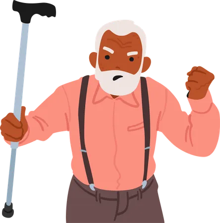 Furious Senior Man Waves His Cane  Illustration