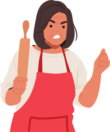 Furious Senior Woman Brandishes Rolling Pin Like Weapon  Illustration