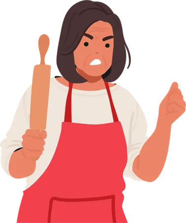 Furious Senior Woman Character Wrinkles Etched With Rage Brandishes A Rolling Pin Like A Weapon Eyes Ablaze With Indignation Ready To Unleash Culinary Justice Cartoon People Vector Illustration Illustration