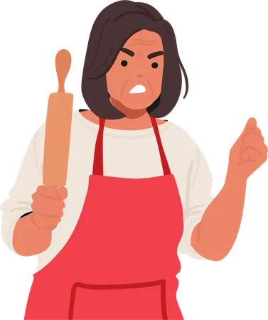 Furious Senior Woman Brandishes Rolling Pin Like Weapon  Illustration