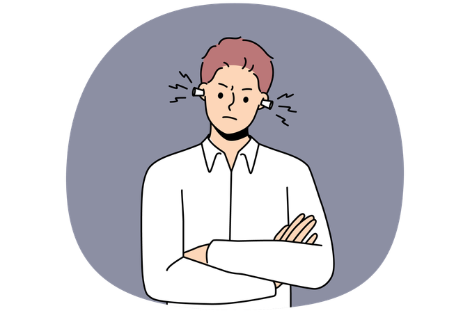 Furious young man with earplugs suffer from noisy neighbors  Illustration