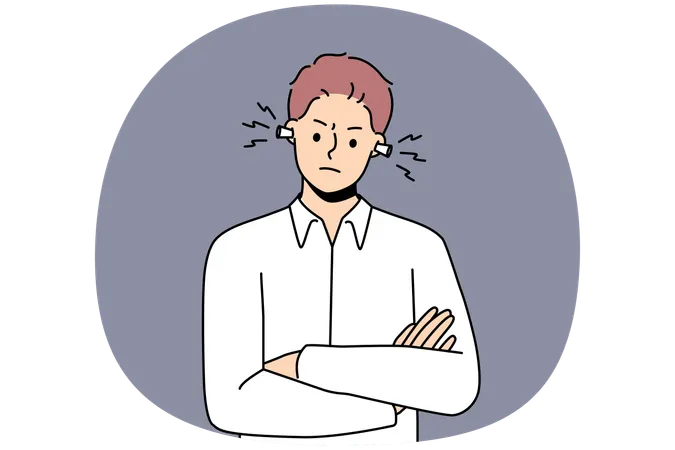 Furious young man with earplugs suffer from noisy neighbors  Illustration
