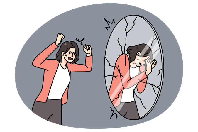 Furious young woman shot yell at mirror reflection  Illustration