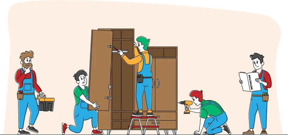 Furniture assembling worker assembling cupboard  Illustration