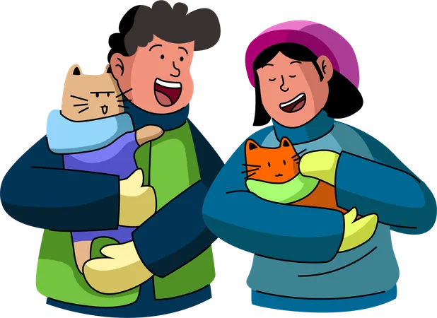 A Cheerful Scene Of Friends Enjoying A Winter Day Outdoors Cuddling With Their Adorable Cats Highlighting The Joy Of Pets In Winter Settings イラスト