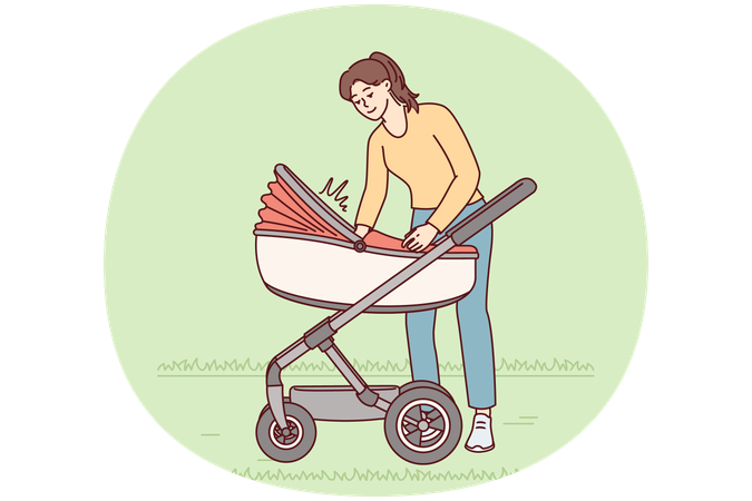 Fürsorgliche Frau geht mit Kind im Kinderwagen und beruhigt weinendes Kleinkind  Illustration