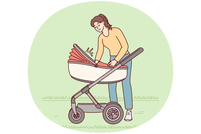 Fürsorgliche Frau geht mit Kind im Kinderwagen und beruhigt weinendes Kleinkind  Illustration