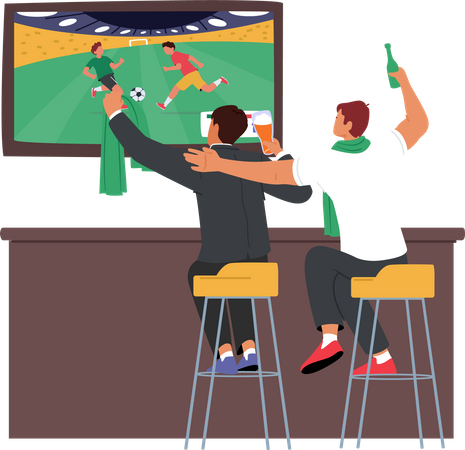 Fußballfans schauen sich ein Spiel an, während sie auf Barstühlen sitzen  Illustration