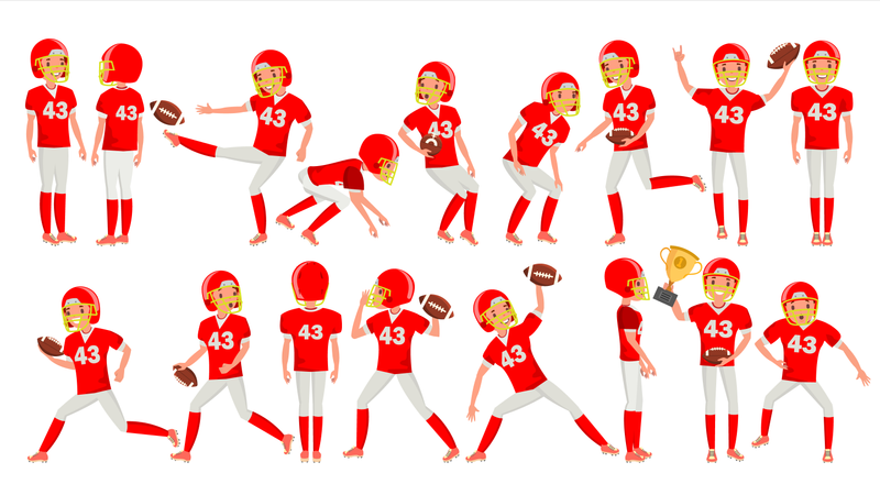 Vector de jugador de fútbol americano joven. Uniforme blanco rojo. Partido de fútbol del estadio. Hombre. Ilustración de dibujos animados de atleta plano  Ilustración