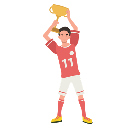 Futbolista celebrando la victoria con trofeo.  Ilustración