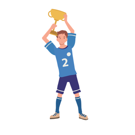 Futbolista celebrando la victoria con trofeo.  Ilustración