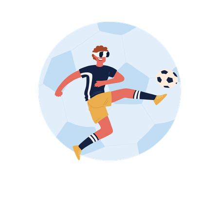 Futbolista con casco de realidad virtual pateando un balón de fútbol  Ilustración