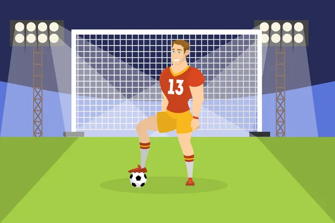 Jugador de fútbol de pie con pelota  Ilustración