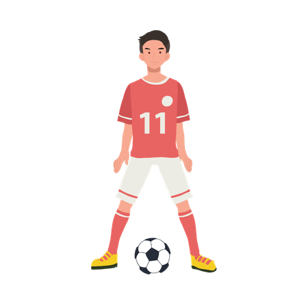 Jugador de fútbol de pie con el balón de fútbol  Ilustración