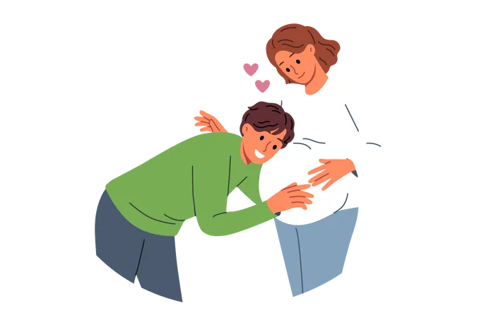 Future dad leans against belly of pregnant woman listening to movements of baby in womb  Illustration