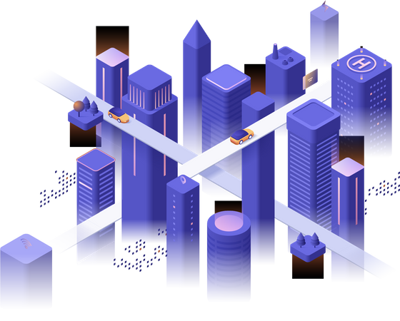 Centre-ville futuriste le soir, bâtiments et gratte-ciel lumineux, intersection de routes ou carrefour  Illustration