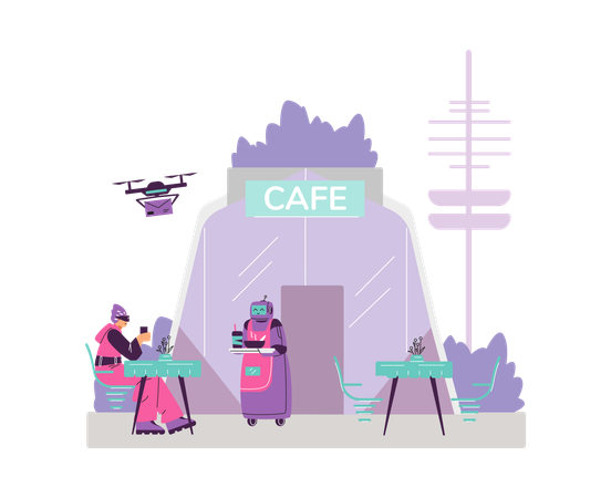 Futuristic cafe from the future with a robot waiter  Illustration