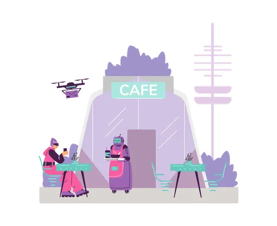 Futuristic cafe from the future with a robot waiter  Illustration