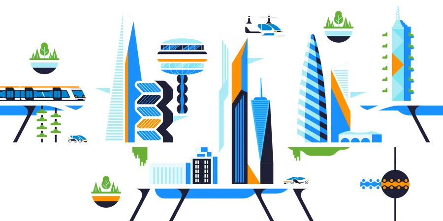 Environmentally Safe City Flat Vector Illustration Future Metropolis Cityscape With Futuristic Architecture And Transportation Skyscrapers And Eco Friendly Vehicles Passenger Drones Electric Cars Illustration