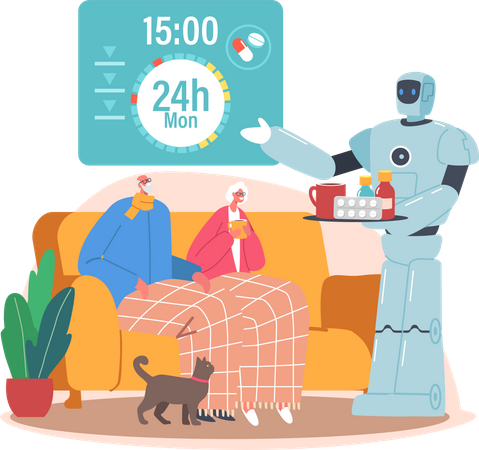 Futuristic Cyborg Remind to Old People Take Medicine in Time  イラスト