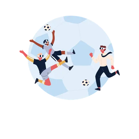 Futuristic Entertainment Pastime For Children And Adults Men In Vr Headsets Playing Football Video Game Banner Virtual Soccer Active Leisure Concept Cartoon Sketch Flat Vector Illustration Illustration