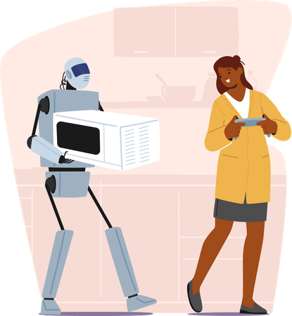 Futuristic Helpful Robot Assists A Woman  イラスト