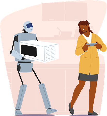 Futuristic Helpful Robot Assists A Woman  Illustration