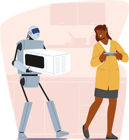 Futuristic Helpful Robot Assists A Woman  Illustration